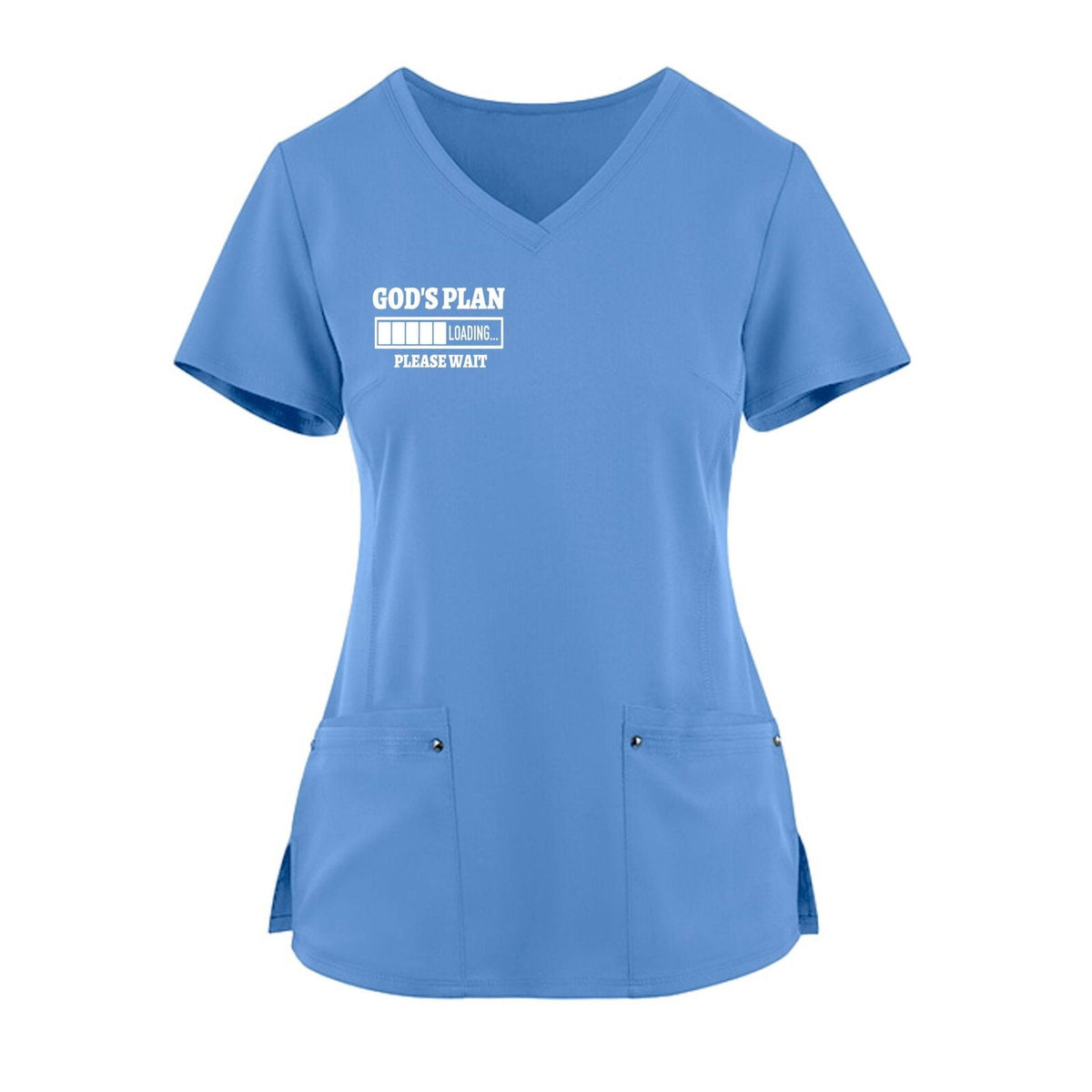 God's Plan Loading Premium Women’s Christian 2‑Pocket Juliet Stylish V‑Neck Medical Scrub Top - ClaimedbyGodDesigns