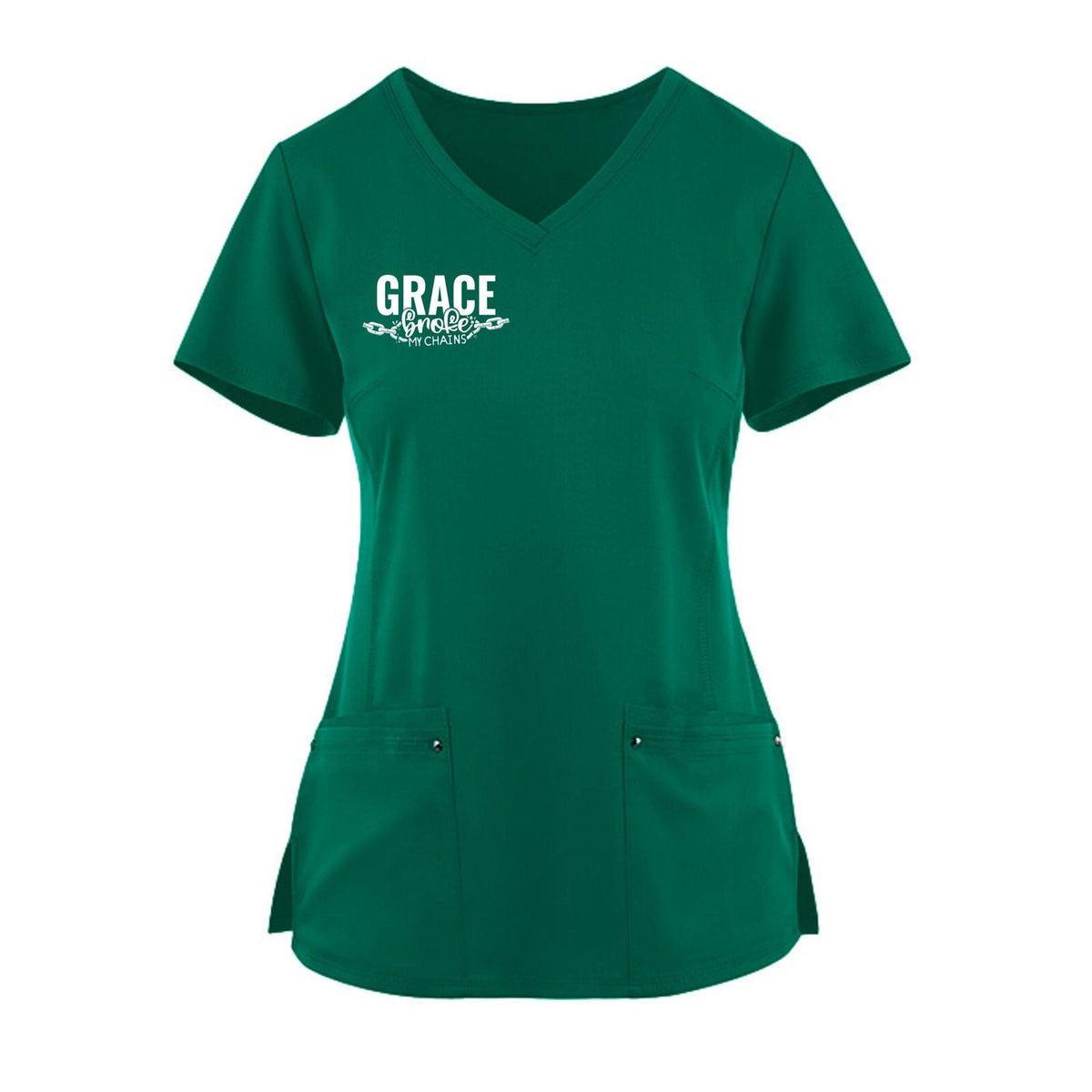 Grace Broke My Chains Premium Women’s Christian 2‑Pocket Juliet Stylish V‑Neck Medical Scrub Top - ClaimedbyGodDesigns