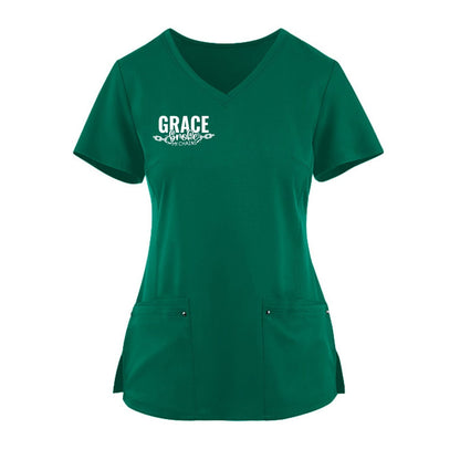 Grace Broke My Chains Premium Women’s Christian 2‑Pocket Juliet Stylish V‑Neck Medical Scrub Top - ClaimedbyGodDesigns