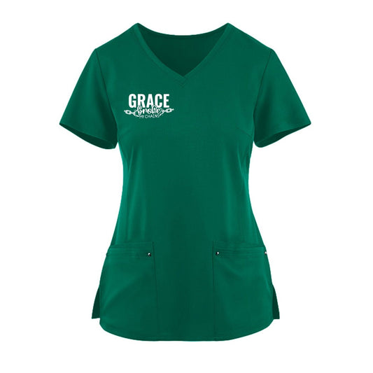 Grace Broke My Chains Premium Women’s Christian 2‑Pocket Juliet Stylish V‑Neck Medical Scrub Top - ClaimedbyGodDesigns