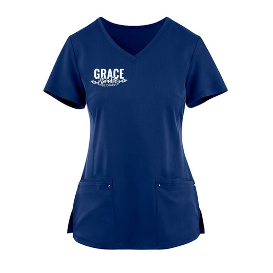 Grace Broke My Chains Premium Women’s Christian 2‑Pocket Juliet Stylish V‑Neck Medical Scrub Top - ClaimedbyGodDesigns