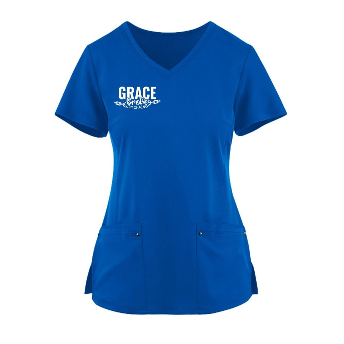 Grace Broke My Chains Premium Women’s Christian 2‑Pocket Juliet Stylish V‑Neck Medical Scrub Top - ClaimedbyGodDesigns