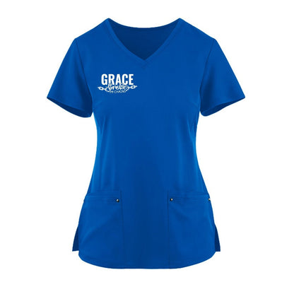 Grace Broke My Chains Premium Women’s Christian 2‑Pocket Juliet Stylish V‑Neck Medical Scrub Top - ClaimedbyGodDesigns