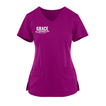Grace Broke My Chains Premium Women’s Christian 2‑Pocket Juliet Stylish V‑Neck Medical Scrub Top - ClaimedbyGodDesigns