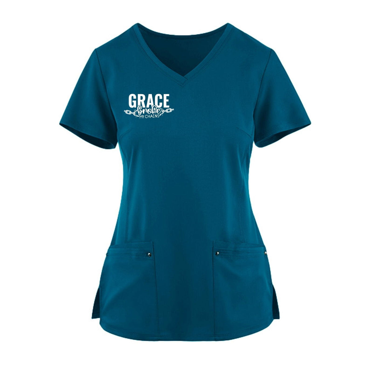 Grace Broke My Chains Premium Women’s Christian 2‑Pocket Juliet Stylish V‑Neck Medical Scrub Top - ClaimedbyGodDesigns
