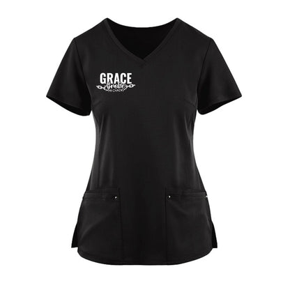 Grace Broke My Chains Premium Women’s Christian 2‑Pocket Juliet Stylish V‑Neck Medical Scrub Top - ClaimedbyGodDesigns