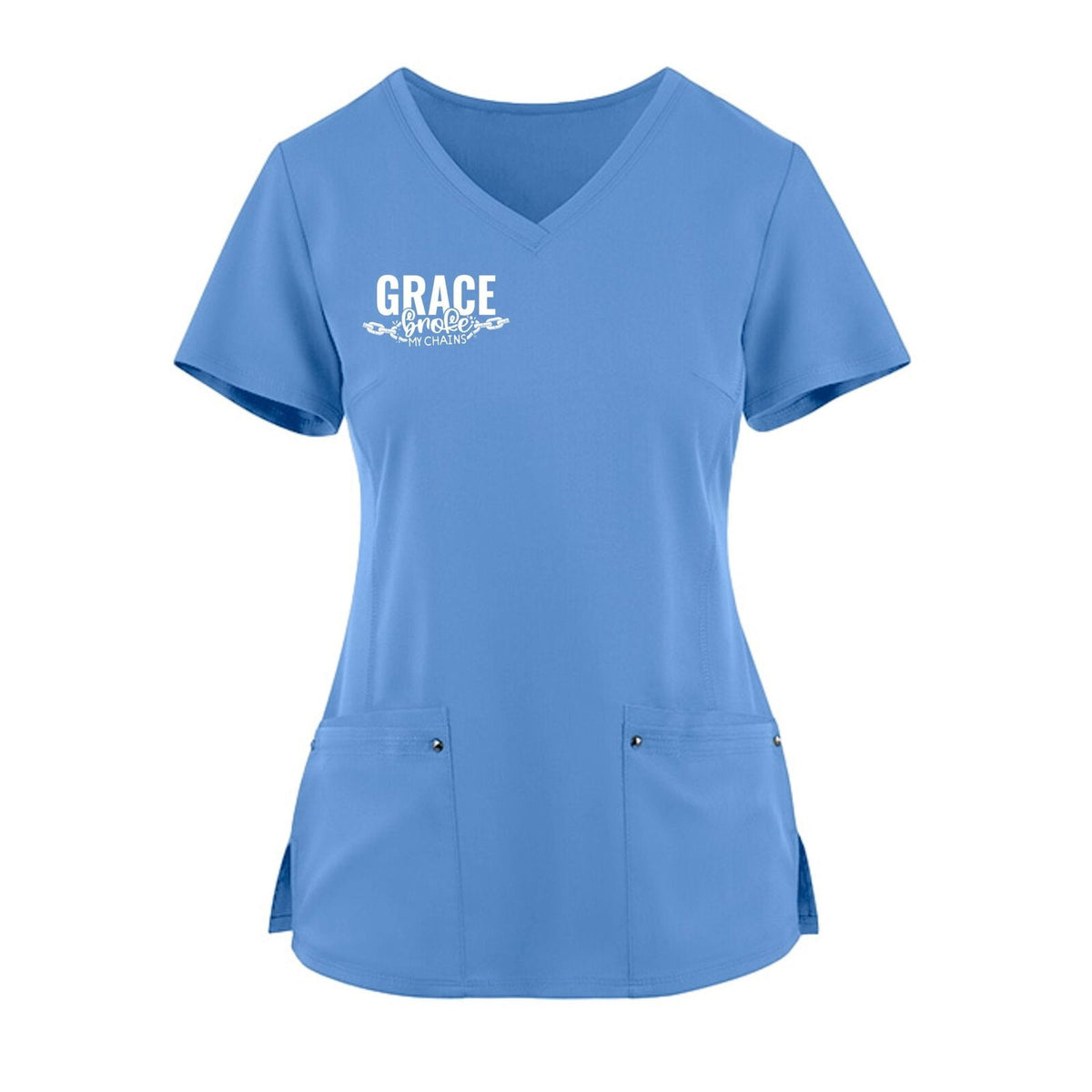 Grace Broke My Chains Premium Women’s Christian 2‑Pocket Juliet Stylish V‑Neck Medical Scrub Top - ClaimedbyGodDesigns