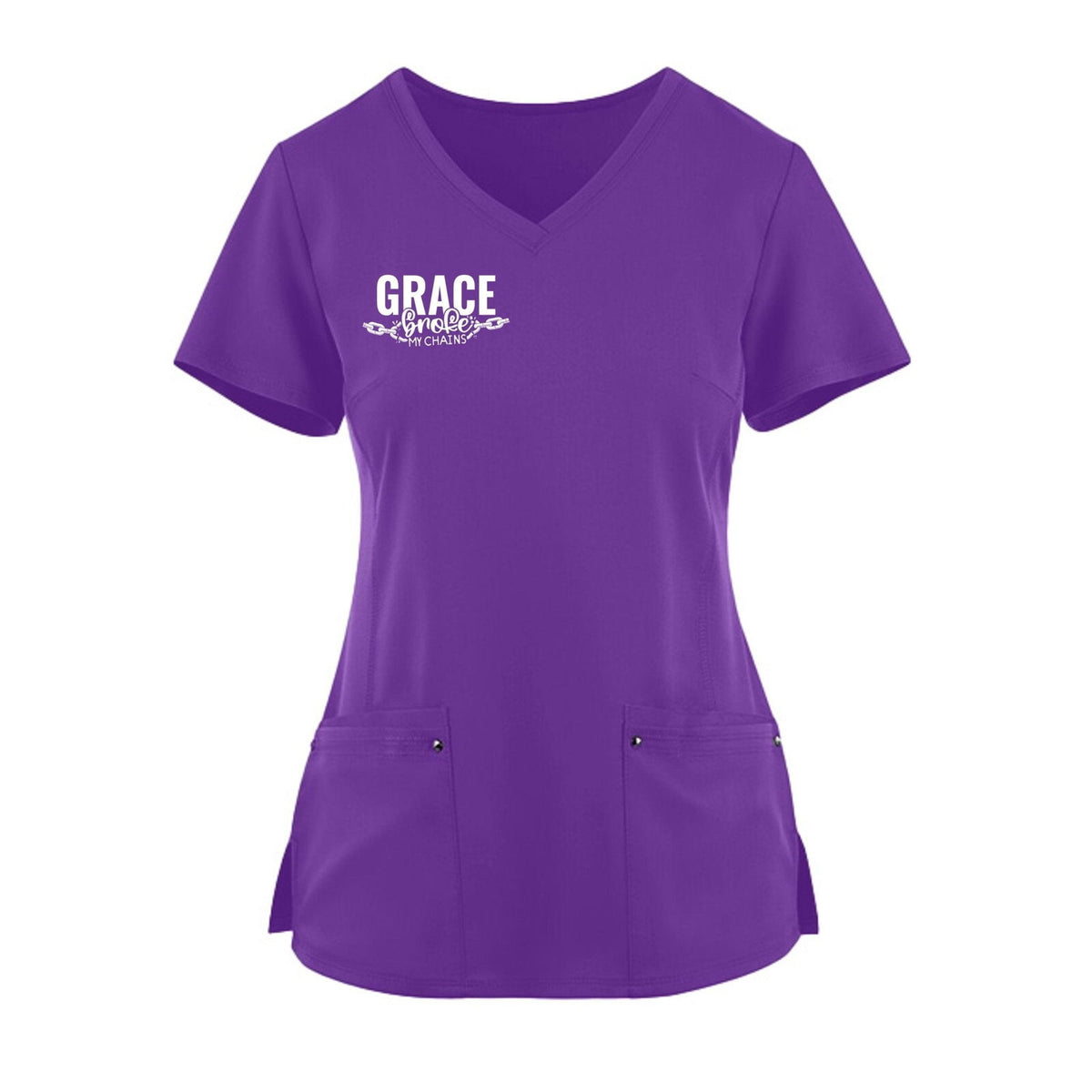 Grace Broke My Chains Premium Women’s Christian 2‑Pocket Juliet Stylish V‑Neck Medical Scrub Top - ClaimedbyGodDesigns
