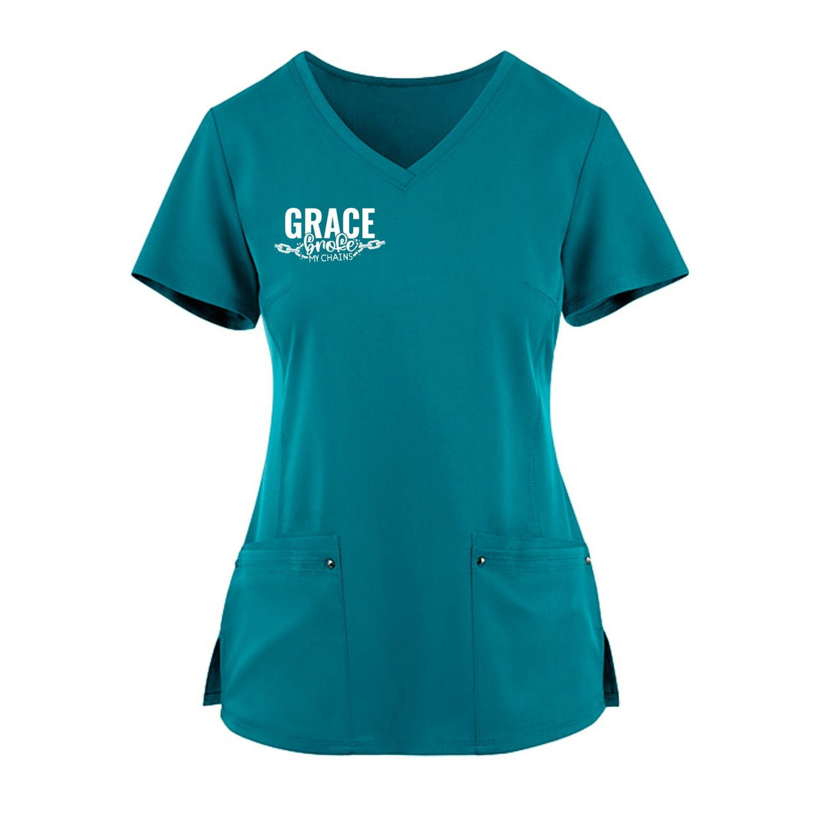 Grace Broke My Chains Premium Women’s Christian 2‑Pocket Juliet Stylish V‑Neck Medical Scrub Top - ClaimedbyGodDesigns