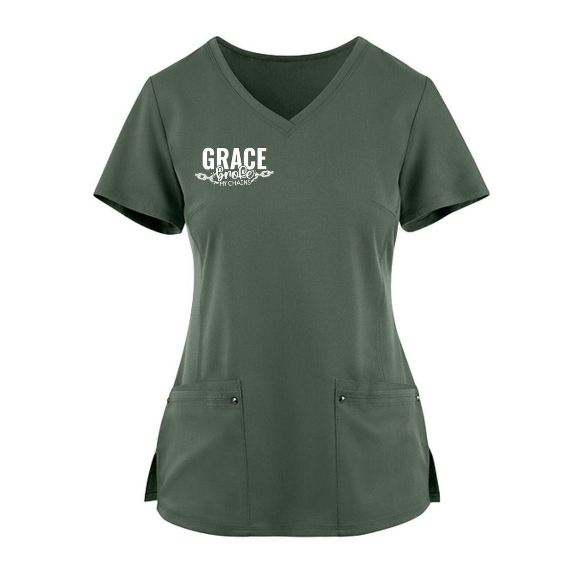 Grace Broke My Chains Premium Women’s Christian 2‑Pocket Juliet Stylish V‑Neck Medical Scrub Top - ClaimedbyGodDesigns