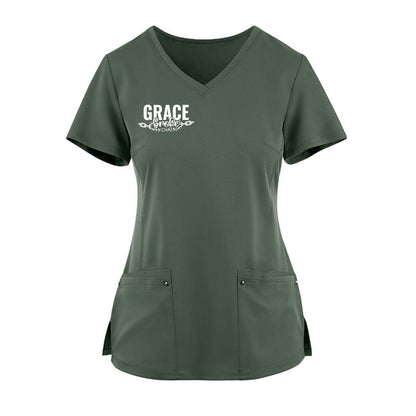 Grace Broke My Chains Premium Women’s Christian 2‑Pocket Juliet Stylish V‑Neck Medical Scrub Top - ClaimedbyGodDesigns