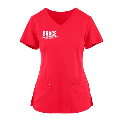 Grace Broke My Chains Premium Women’s Christian 2‑Pocket Juliet Stylish V‑Neck Medical Scrub Top - ClaimedbyGodDesigns