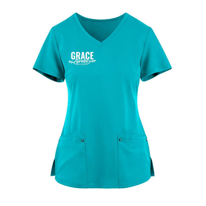 Grace Broke My Chains Premium Women’s Christian 2‑Pocket Juliet Stylish V‑Neck Medical Scrub Top - ClaimedbyGodDesigns
