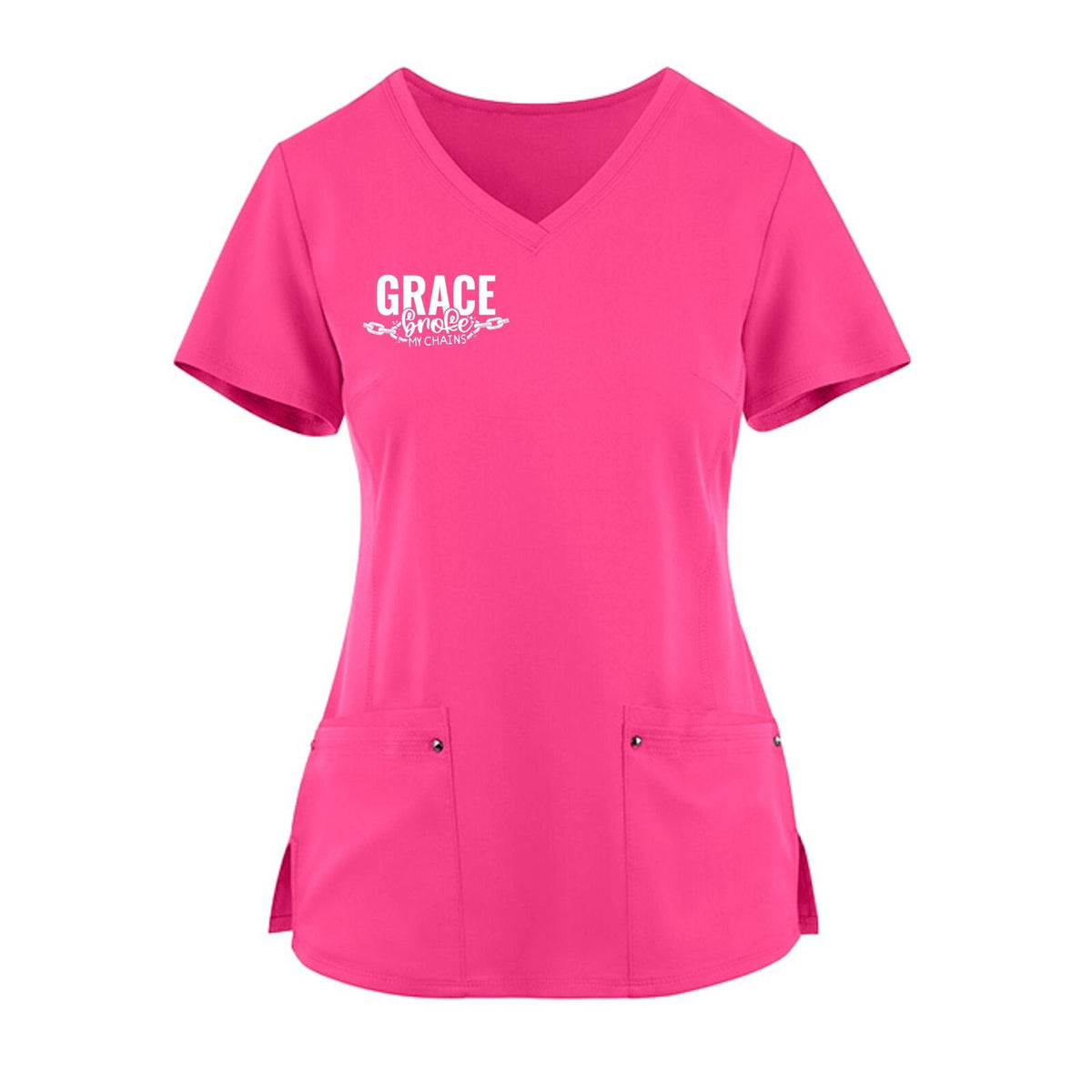 Grace Broke My Chains Premium Women’s Christian 2‑Pocket Juliet Stylish V‑Neck Medical Scrub Top - ClaimedbyGodDesigns