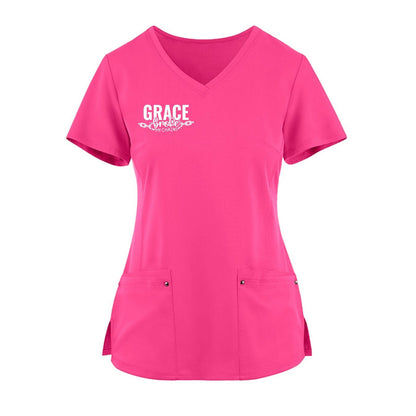 Grace Broke My Chains Premium Women’s Christian 2‑Pocket Juliet Stylish V‑Neck Medical Scrub Top - ClaimedbyGodDesigns