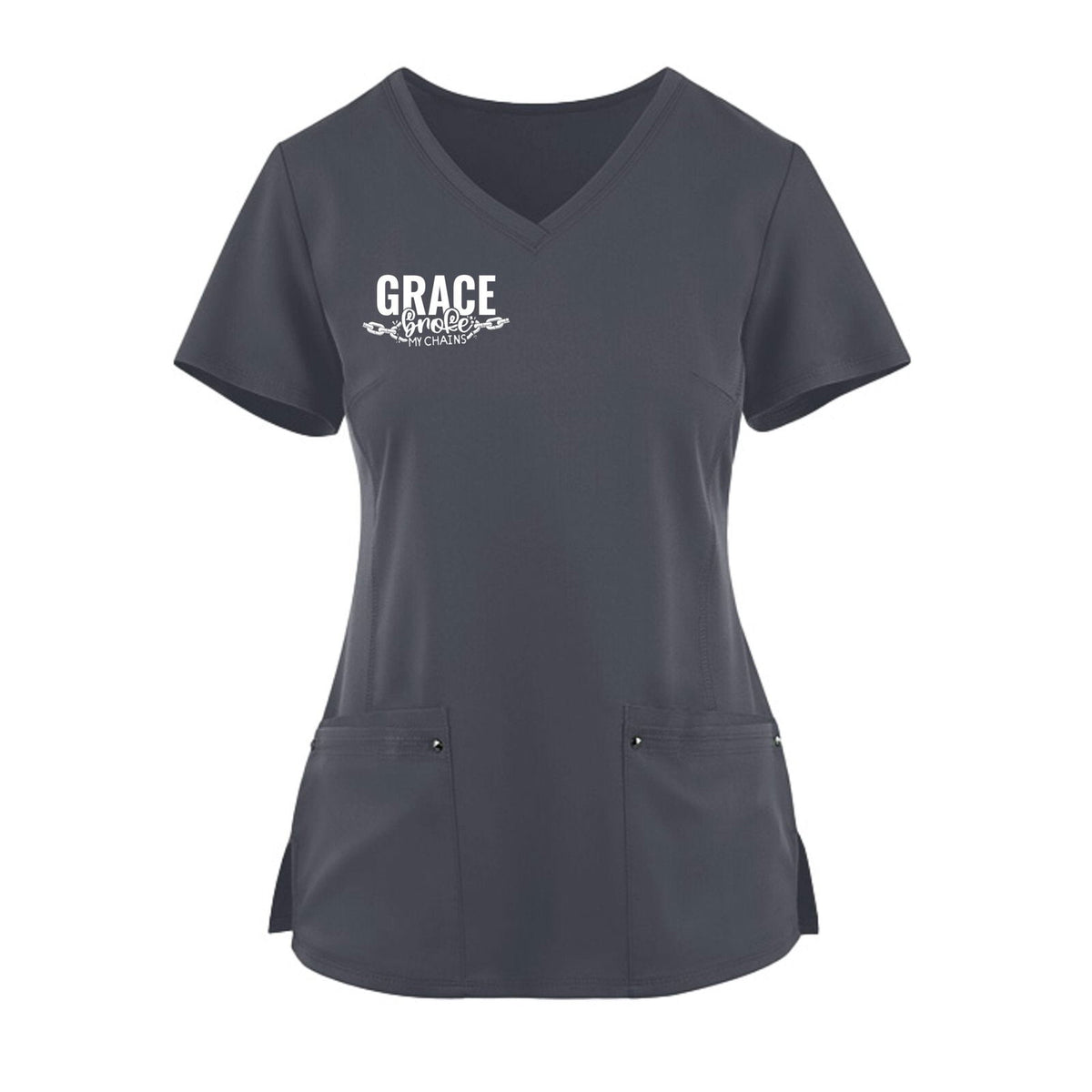 Grace Broke My Chains Premium Women’s Christian 2‑Pocket Juliet Stylish V‑Neck Medical Scrub Top - ClaimedbyGodDesigns