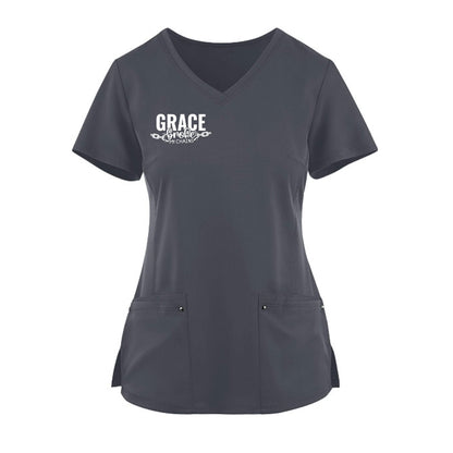 Grace Broke My Chains Premium Women’s Christian 2‑Pocket Juliet Stylish V‑Neck Medical Scrub Top - ClaimedbyGodDesigns