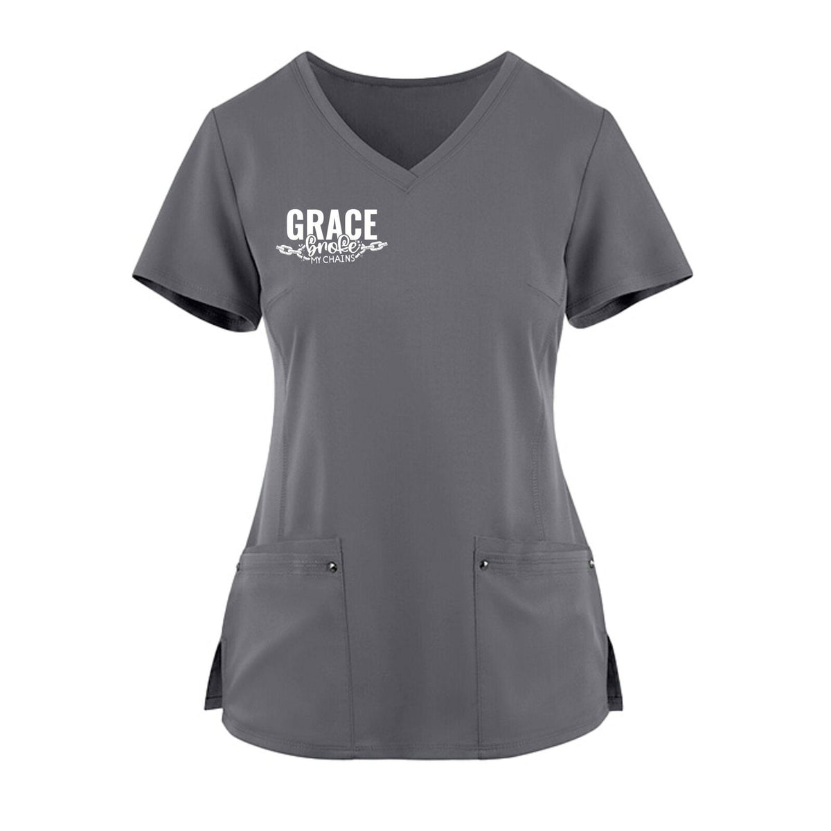 Grace Broke My Chains Premium Women’s Christian 2‑Pocket Juliet Stylish V‑Neck Medical Scrub Top - ClaimedbyGodDesigns