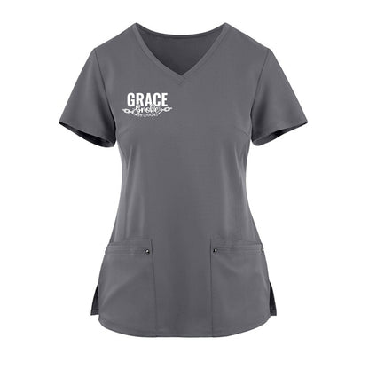 Grace Broke My Chains Premium Women’s Christian 2‑Pocket Juliet Stylish V‑Neck Medical Scrub Top - ClaimedbyGodDesigns