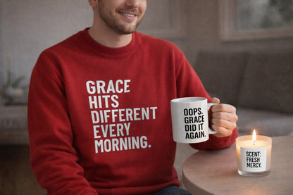 Grace Got Me Again… Again – Christian Starter Gift Set | Sweatshirt, Mug, Candle, Tea & Matches | Faith, Humor & Encouragement Gift Box - ClaimedbyGodDesigns
