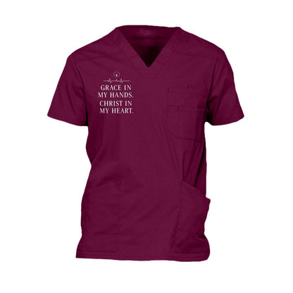 Men's Christian 5-pocket V-neck medical scrub top with 'Grace In My Hands Christ In My Heart' design