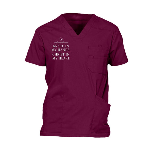 Grace In My Hands Christ In My Heart Men’s Christian 5‑Pocket V‑Neck Premium Medical Scrub Top - ClaimedbyGodDesigns