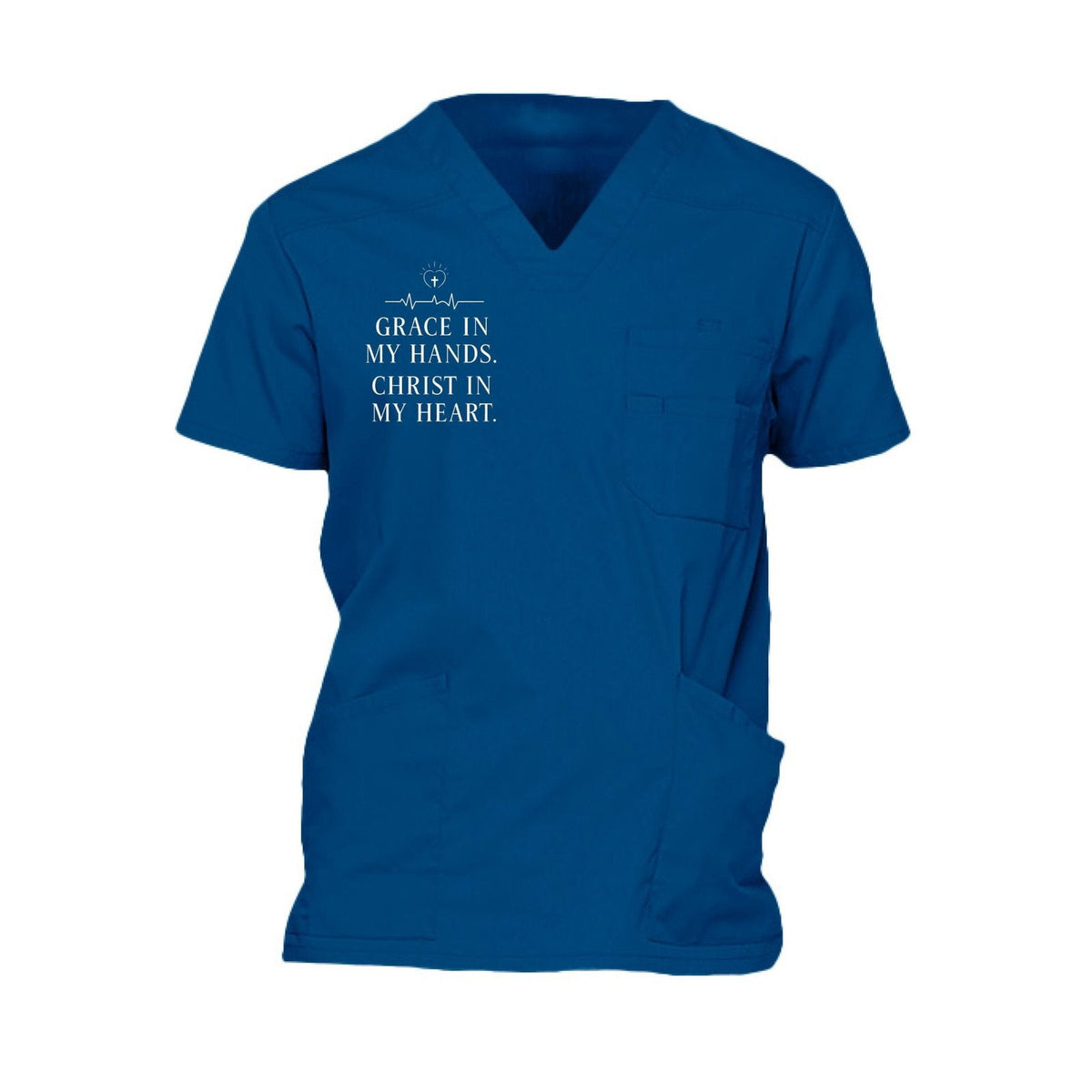 Grace In My Hands Christ In My Heart Men’s Christian 5‑Pocket V‑Neck Premium Medical Scrub Top - ClaimedbyGodDesigns