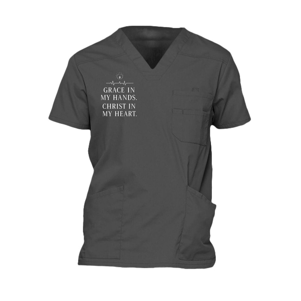 Grace In My Hands Christ In My Heart Men’s Christian 5‑Pocket V‑Neck Premium Medical Scrub Top - ClaimedbyGodDesigns