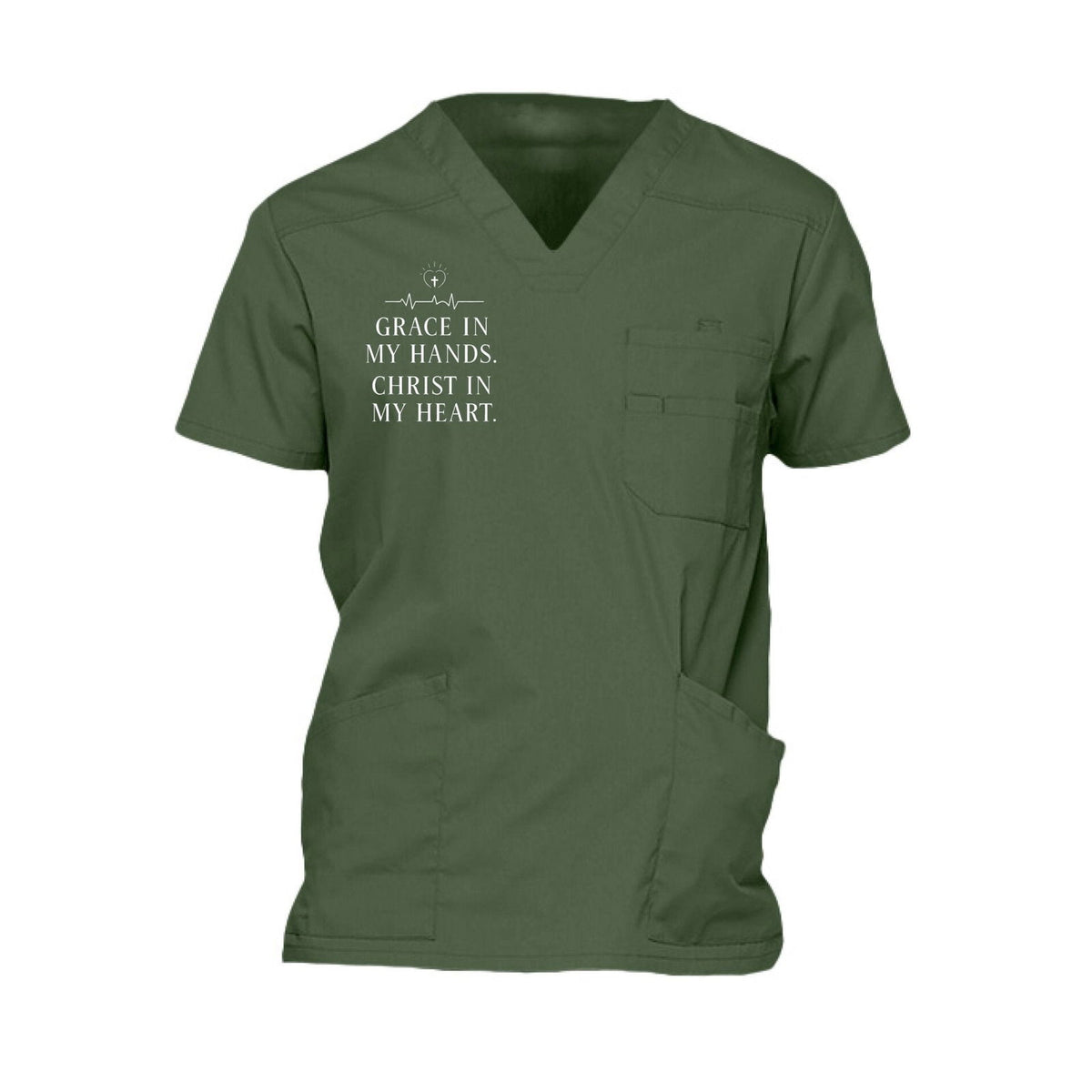 Grace In My Hands Christ In My Heart Men’s Christian 5‑Pocket V‑Neck Premium Medical Scrub Top - ClaimedbyGodDesigns