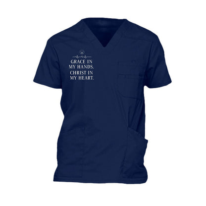 Grace In My Hands Christ In My Heart Men’s Christian 5‑Pocket V‑Neck Premium Medical Scrub Top - ClaimedbyGodDesigns