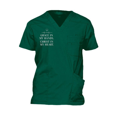 Grace In My Hands Christ In My Heart Men’s Christian 5‑Pocket V‑Neck Premium Medical Scrub Top - ClaimedbyGodDesigns
