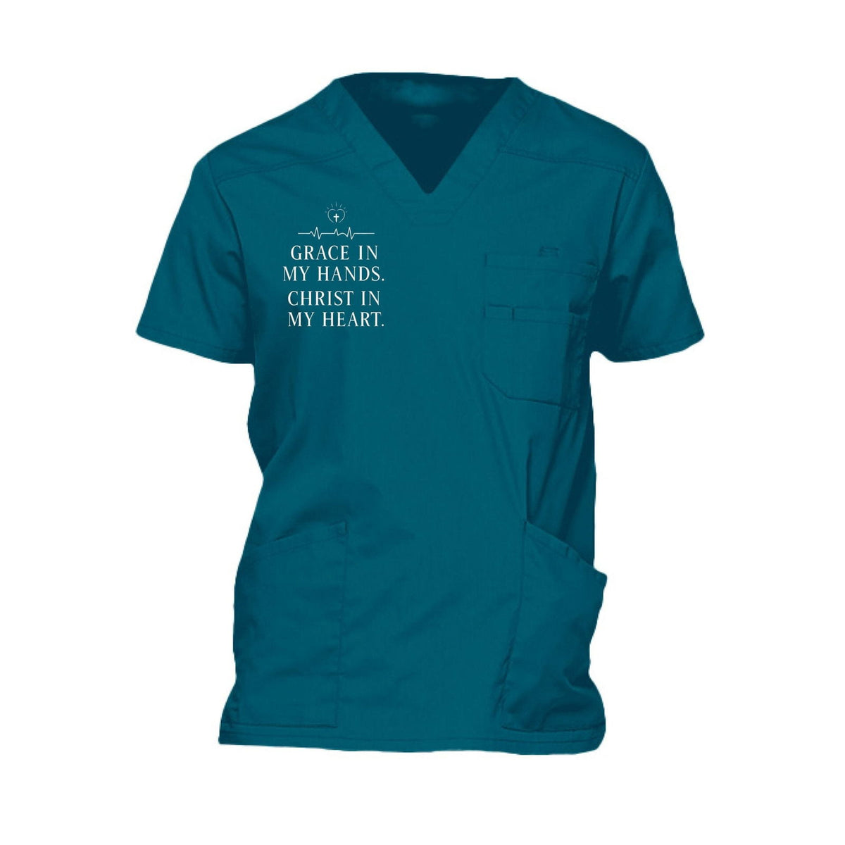 Grace In My Hands Christ In My Heart Men’s Christian 5‑Pocket V‑Neck Premium Medical Scrub Top - ClaimedbyGodDesigns