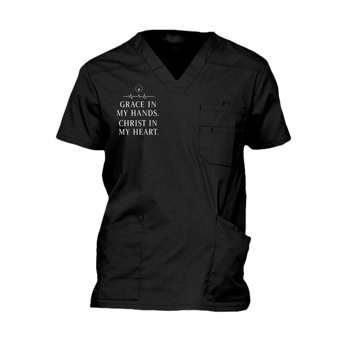 Grace In My Hands Christ In My Heart Men’s Christian 5‑Pocket V‑Neck Premium Medical Scrub Top - ClaimedbyGodDesigns