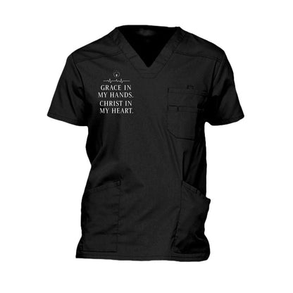 Grace In My Hands Christ In My Heart Men’s Christian 5‑Pocket V‑Neck Premium Medical Scrub Top - ClaimedbyGodDesigns