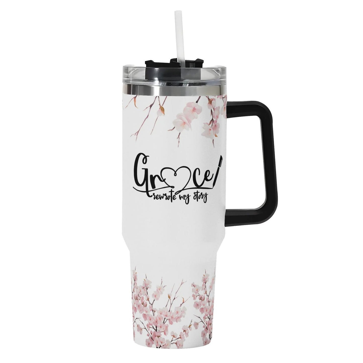 Grace Rewrote My Story 40oz Stainless Steel Christian Tumbler Gift With Black Handle and Straw - ClaimedbyGodDesigns