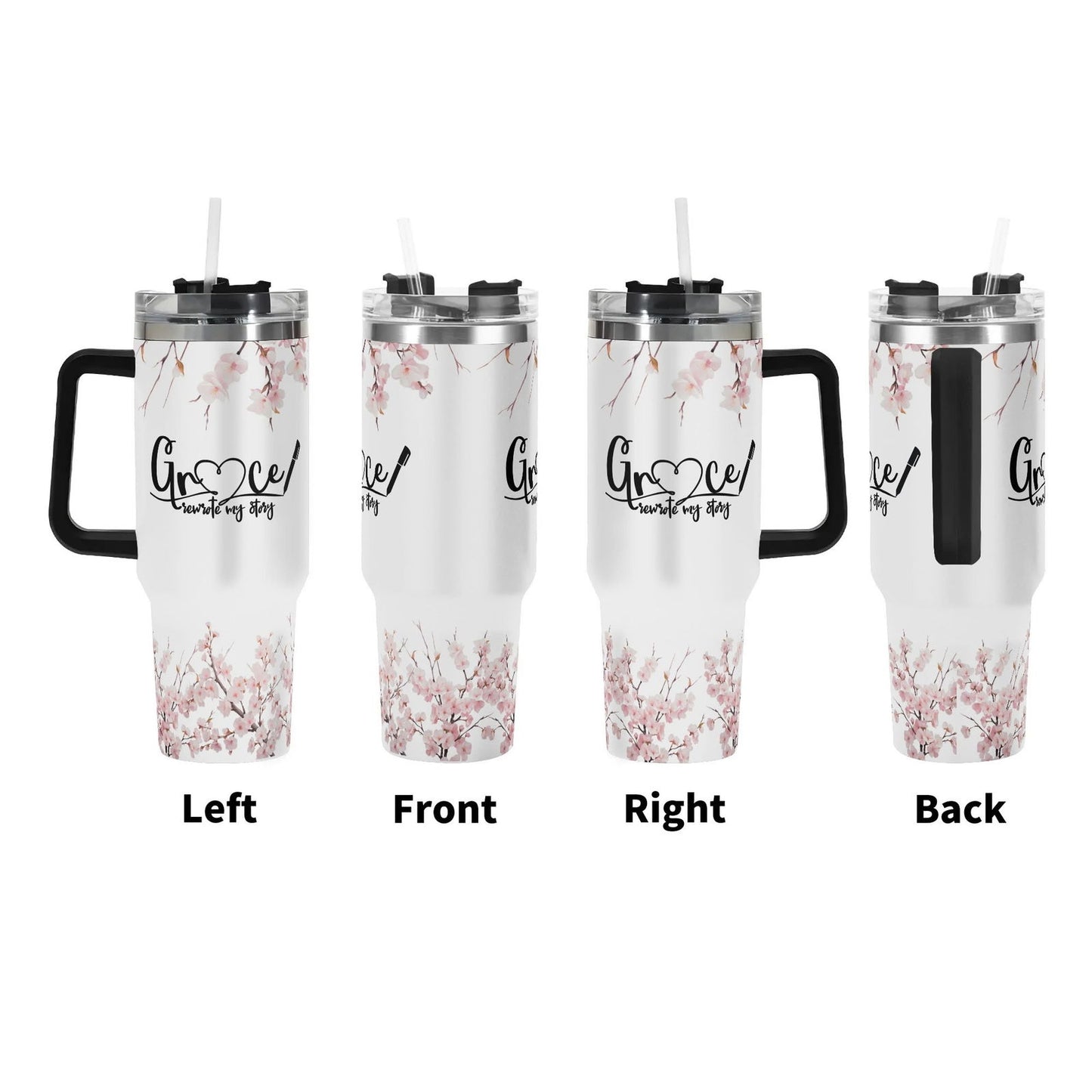 Grace Rewrote My Story 40oz Stainless Steel Christian Tumbler Gift With Black Handle and Straw - ClaimedbyGodDesigns