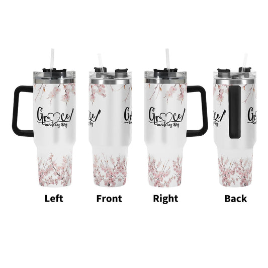 Grace Rewrote My Story 40oz Stainless Steel Christian Tumbler Gift With Black Handle and Straw - ClaimedbyGodDesigns