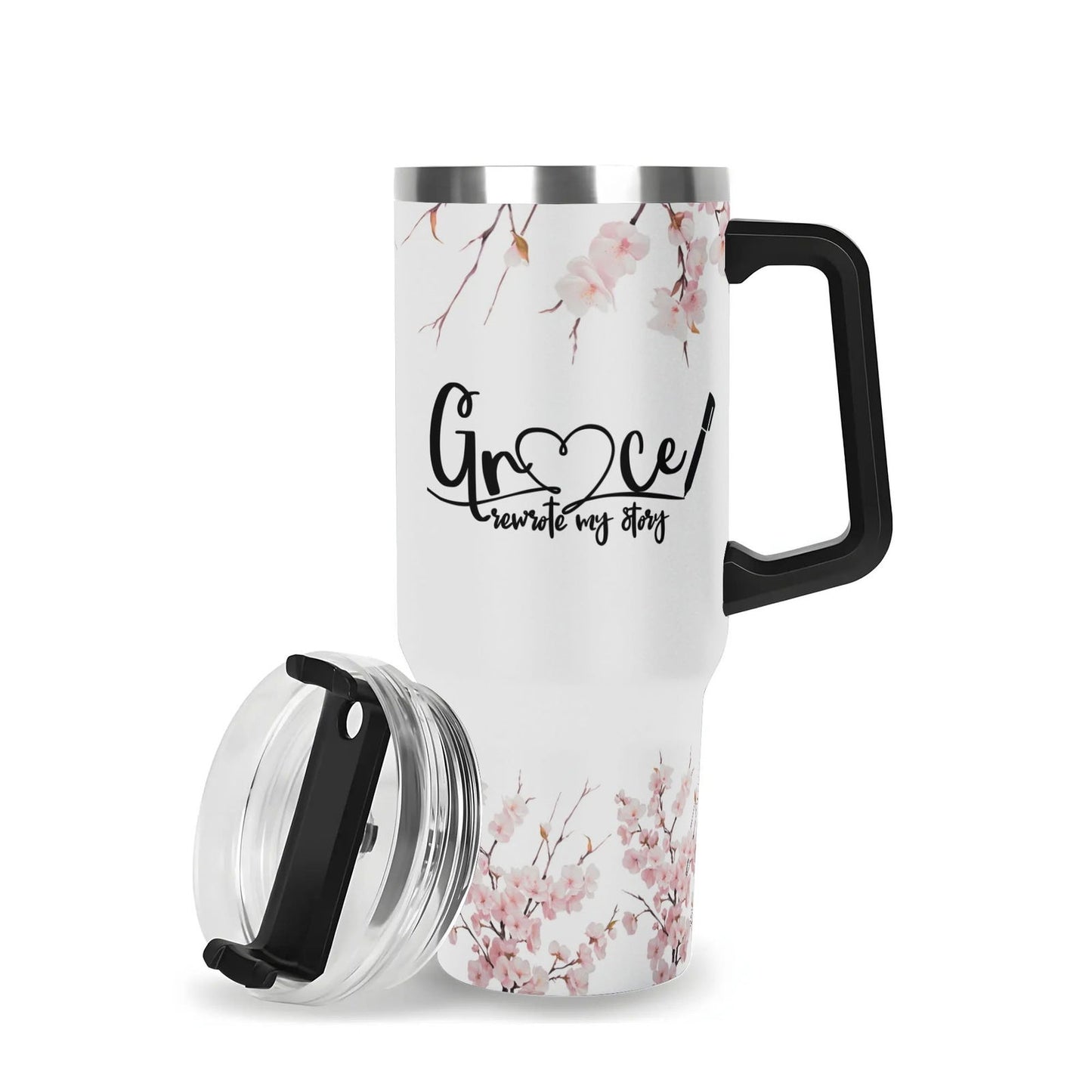 Grace Rewrote My Story 40oz Stainless Steel Christian Tumbler Gift With Black Handle and Straw - ClaimedbyGodDesigns