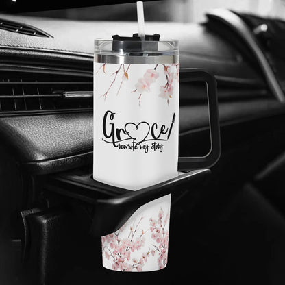 Grace Rewrote My Story 40oz Stainless Steel Christian Tumbler Gift With Black Handle and Straw - ClaimedbyGodDesigns