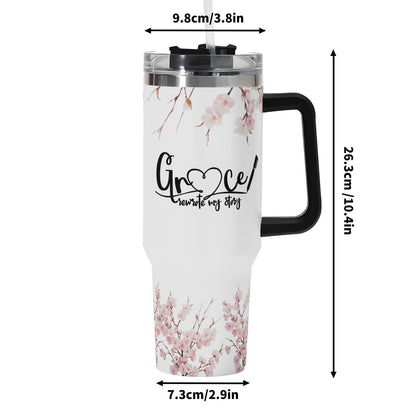 Grace Rewrote My Story 40oz Stainless Steel Christian Tumbler Gift With Black Handle and Straw - ClaimedbyGodDesigns