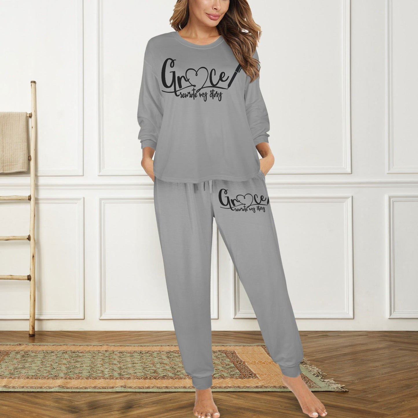 Grace Rewrote My Story Christian Women's Leg Binding Pocket Long Pajama Set - ClaimedbyGodDesigns