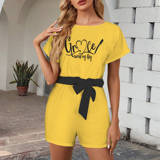 Grace Rewrote My Story Women's Belt Keyhole Back Short Sleeve Christian Romper - ClaimedbyGodDesigns