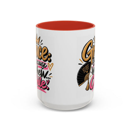 Grace: Because Whew… Chile Funny Christian Coffee Mug - Claimed by God Designs