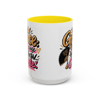 Grace: Because Whew… Chile Funny Christian Coffee Mug - Claimed by God Designs