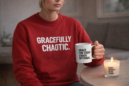 Gracefully Chaotic – Christian Starter Gift Set | Sweatshirt, Mug, Candle, Tea & Matches | Faith, Humor & Encouragement Gift Box - ClaimedbyGodDesigns