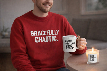 Gracefully Chaotic – Christian Starter Gift Set | Sweatshirt, Mug, Candle, Tea & Matches | Faith, Humor & Encouragement Gift Box - ClaimedbyGodDesigns