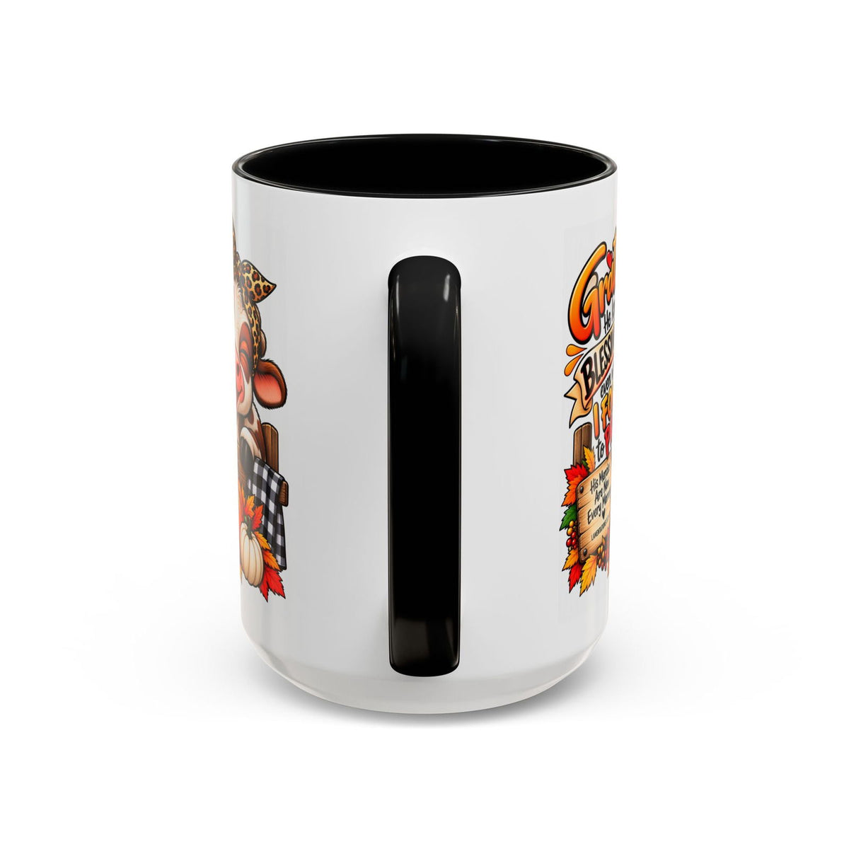 Grateful He Keeps Blessing Me Even When I Forget to Pray Thanksgiving Cow Mug - Claimed by God Designs