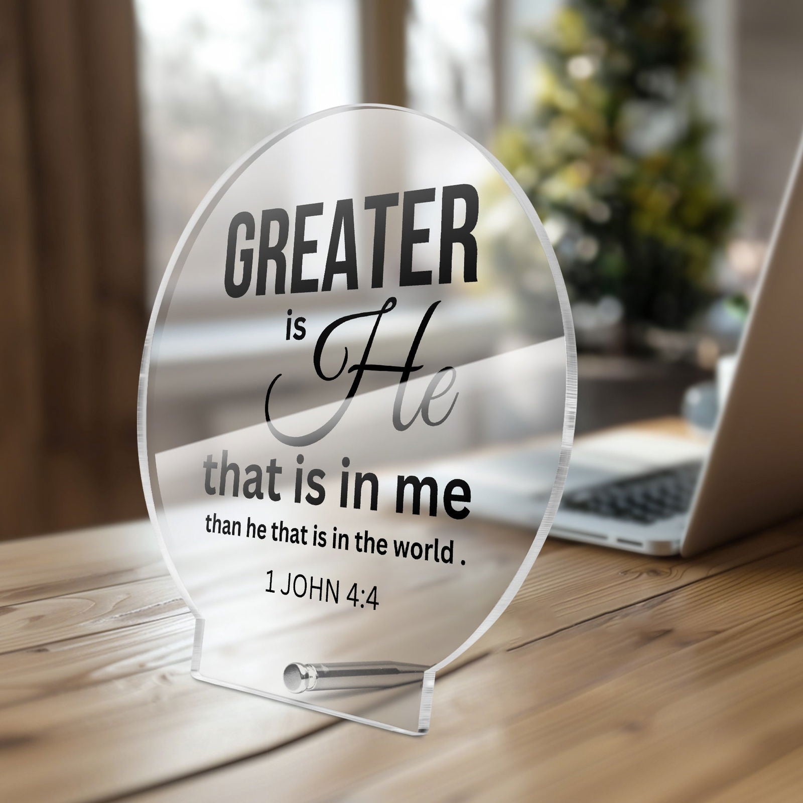 Greater Is He Christian Acrylic Plaque with Stand - Round - ClaimedbyGodDesigns