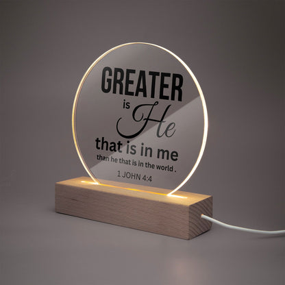 Greater Is He Christian Acrylic Plaque with Stand - Round - ClaimedbyGodDesigns
