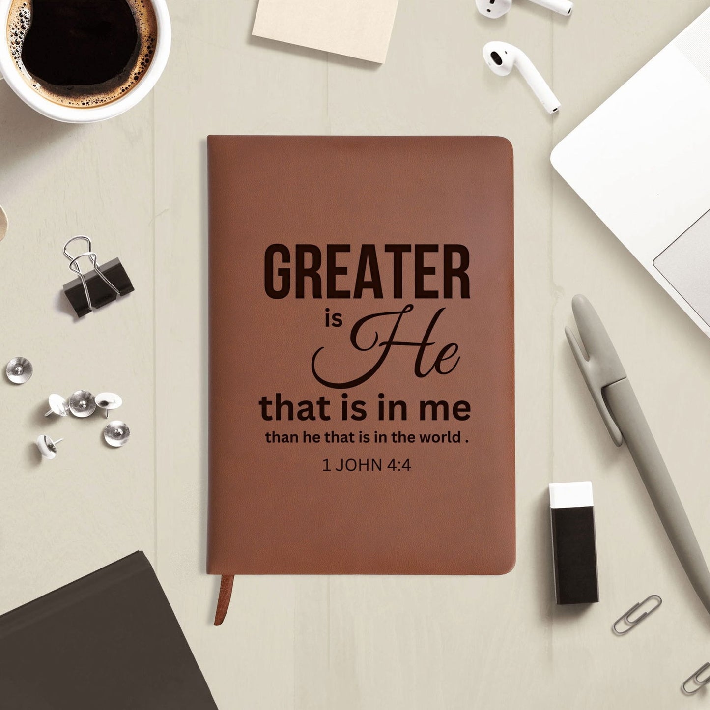 Greater Is He Engraved Brown Christian Journal Diary Gift for Friends Family - ClaimedbyGodDesigns